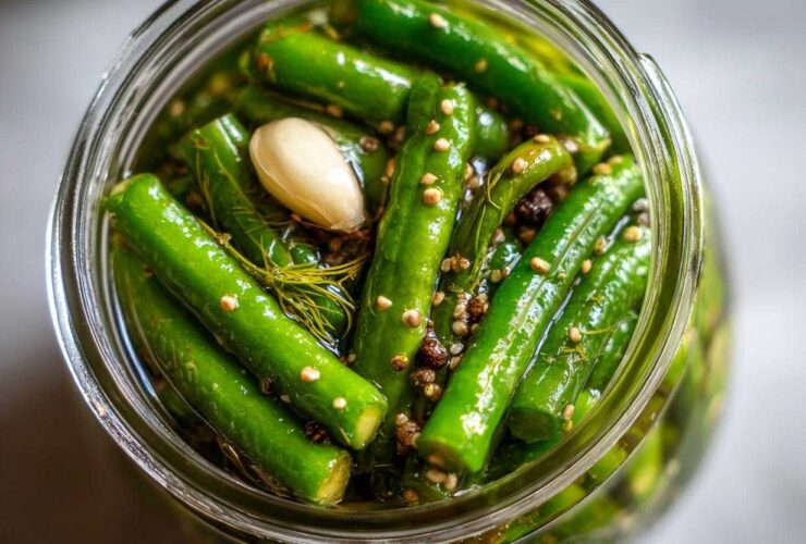 Overhead close-up of bright green dilly beans packed tightly in a glass jar with brine, dill, garlic, and pickling spices.