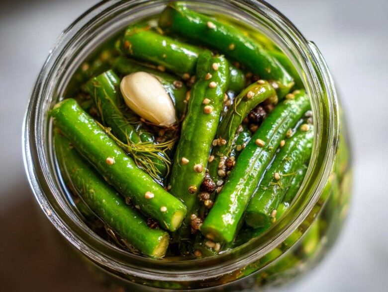 Overhead close-up of bright green dilly beans packed tightly in a glass jar with brine, dill, garlic, and pickling spices.