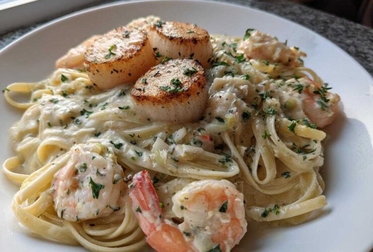 Close-up of creamy seafood pasta featuring fettuccine, seared scallops, and pink shrimp, garnished with parsley.