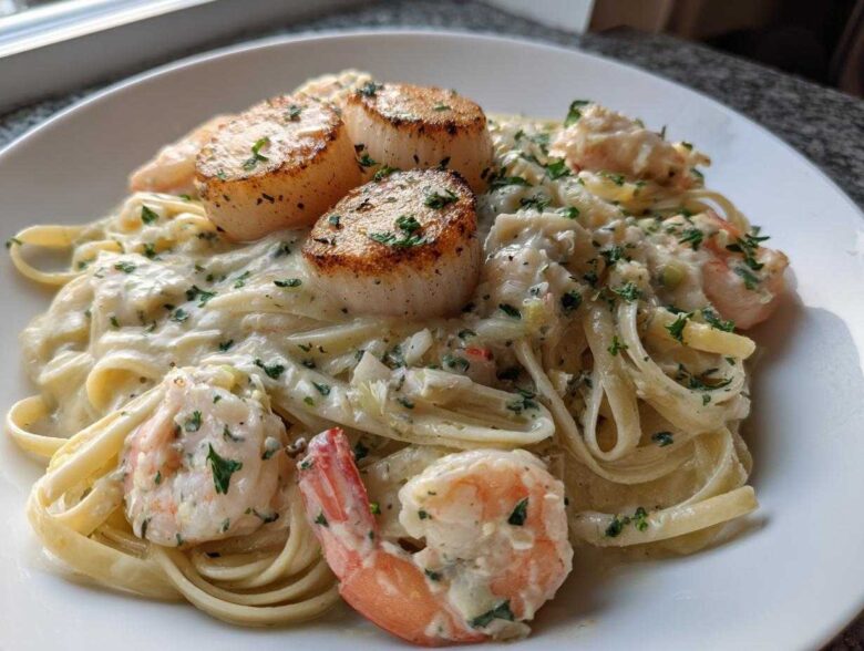 Close-up of creamy seafood pasta featuring fettuccine, seared scallops, and pink shrimp, garnished with parsley.