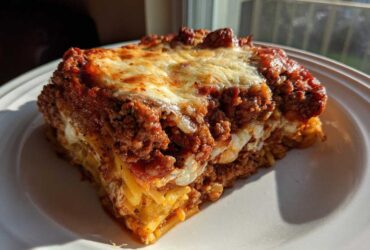 A thick, golden slice of baked spaghetti pie topped with rich meat sauce and melted mozzarella cheese.
