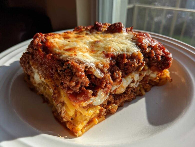 A thick, golden slice of baked spaghetti pie topped with rich meat sauce and melted mozzarella cheese.