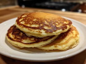 A stack of three fluffy almond flour pancakes drizzled with syrup on a white plate.