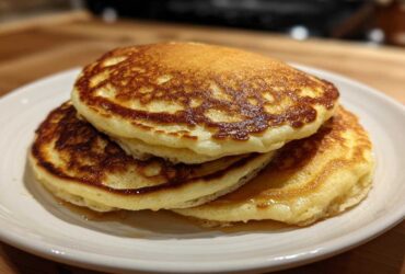 A stack of three fluffy almond flour pancakes drizzled with syrup on a white plate.
