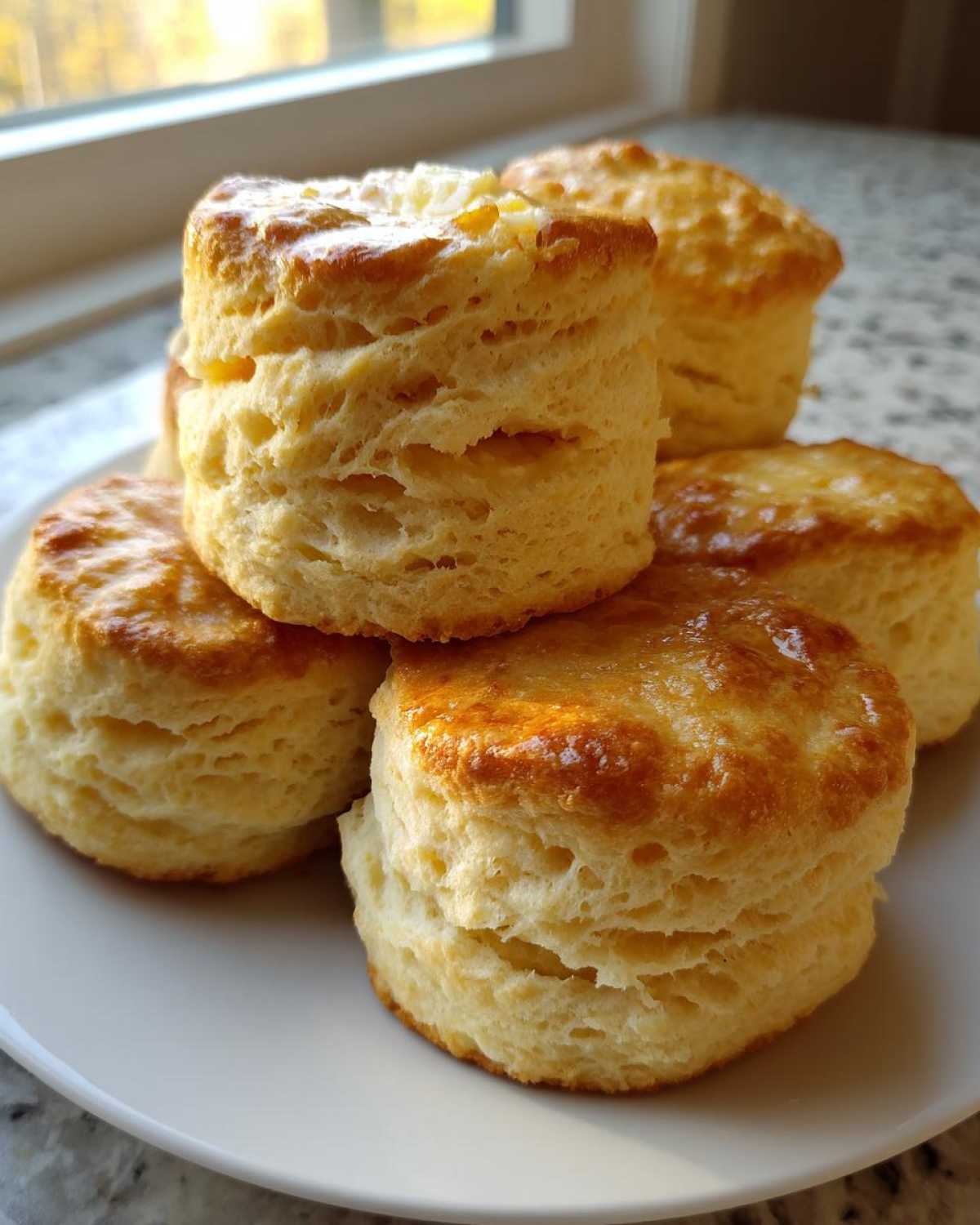 A stack of five tall, fluffy buttermilk biscuits with golden, shiny tops sitting on a white plate.