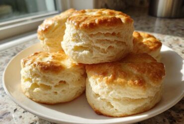 A stack of four golden-brown, flaky buttermilk biscuits resting on a white plate near a sunny window.