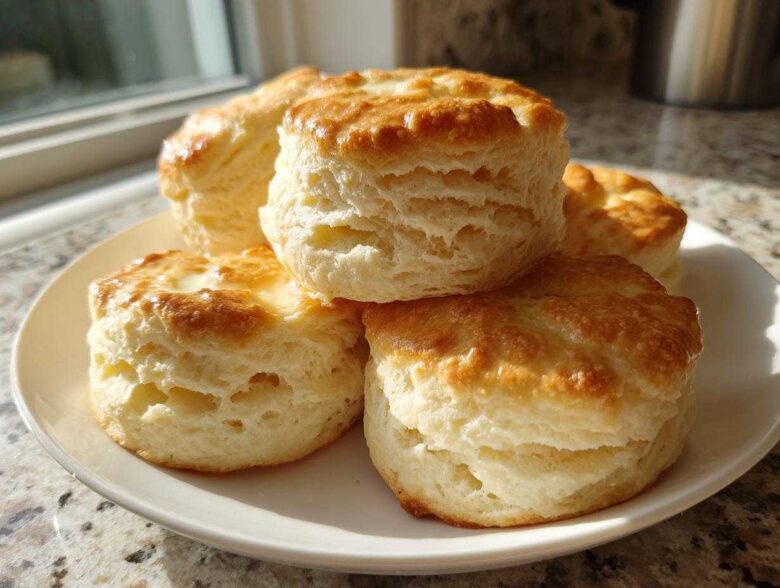 A stack of four golden-brown, flaky buttermilk biscuits resting on a white plate near a sunny window.