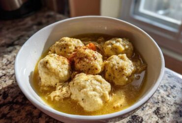 A white bowl filled with rich broth, shredded chicken, and five fluffy dumplings, seasoned with pepper, representing classic chicken and dumpling.