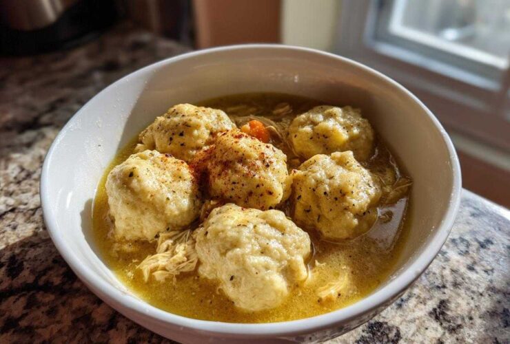 A white bowl filled with rich broth, shredded chicken, and five fluffy dumplings, seasoned with pepper, representing classic chicken and dumpling.