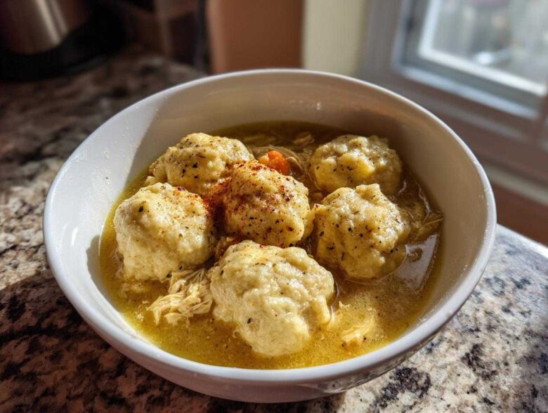 A white bowl filled with rich broth, shredded chicken, and five fluffy dumplings, seasoned with pepper, representing classic chicken and dumpling.