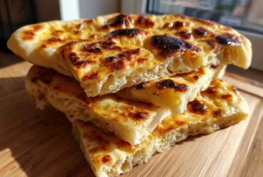 A stack of freshly baked, fluffy homemade naan bread pieces with charred, golden-brown spots, resting on a wooden board.