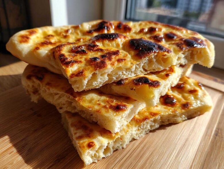 A stack of freshly baked, fluffy homemade naan bread pieces with charred, golden-brown spots, resting on a wooden board.