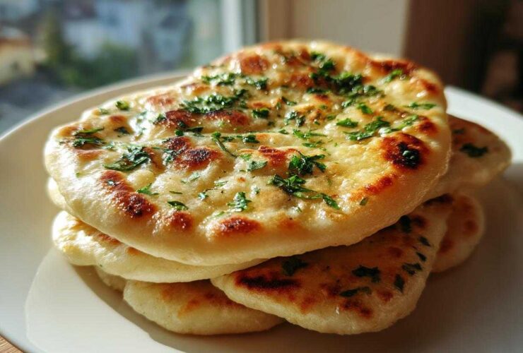 A stack of freshly baked, soft naan bread topped with melted butter and chopped green herbs.