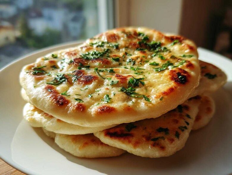A stack of freshly baked, soft naan bread topped with melted butter and chopped green herbs.