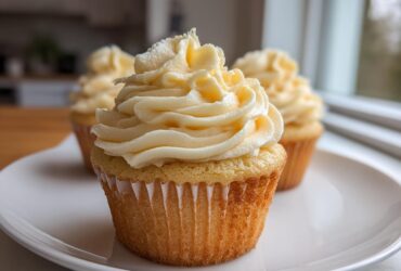 Close-up of a fluffy vanilla cupcake topped with a swirl of pale yellow vanilla buttercream frosting.