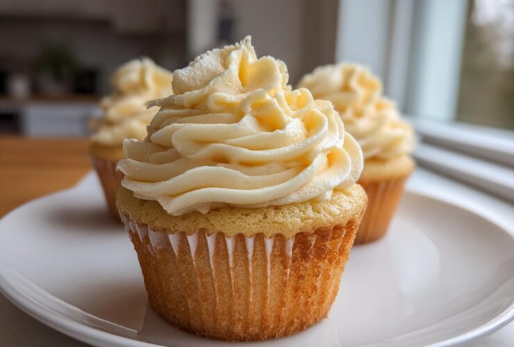 Close-up of a fluffy vanilla cupcake topped with a swirl of pale yellow vanilla buttercream frosting.