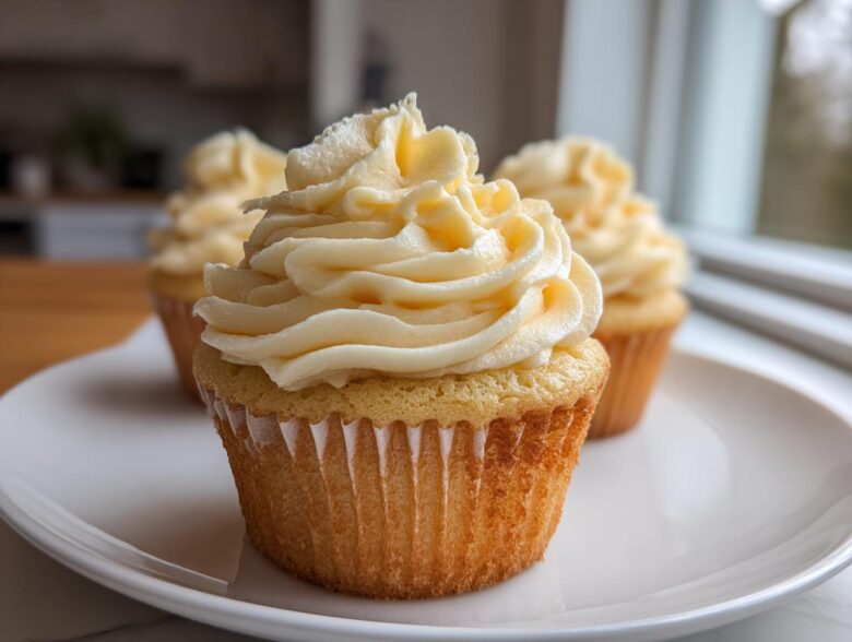 Close-up of a fluffy vanilla cupcake topped with a swirl of pale yellow vanilla buttercream frosting.