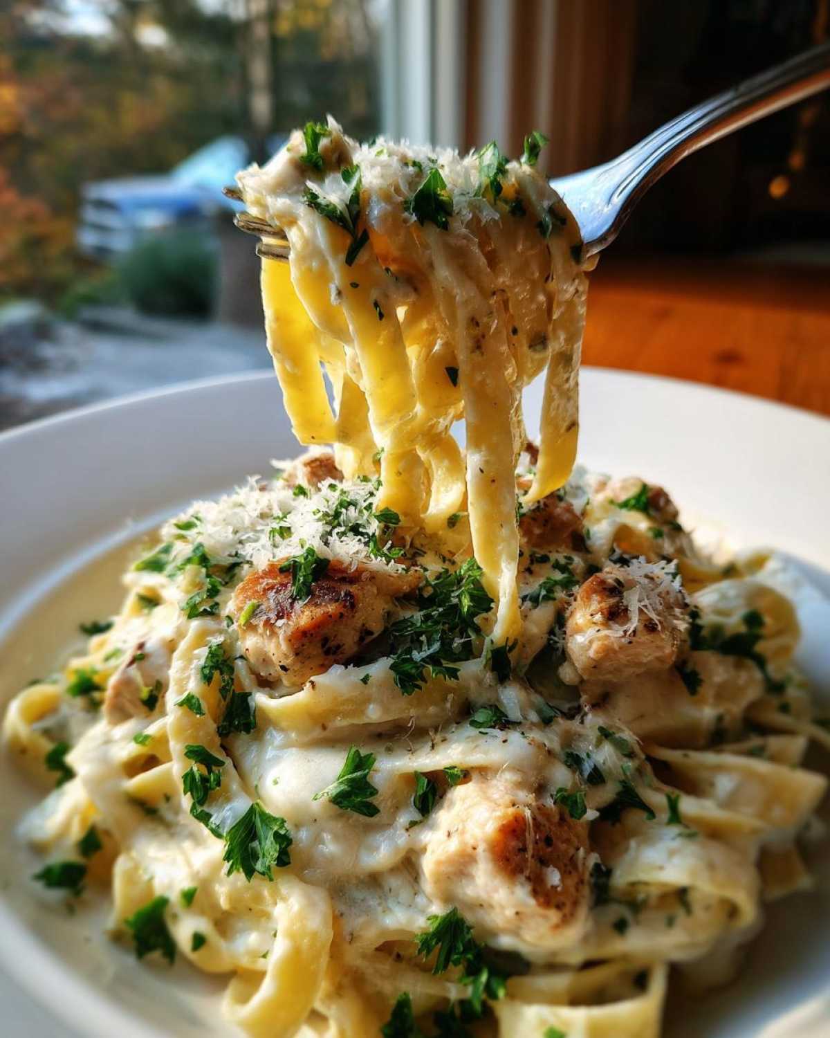 A fork lifts fettuccine noodles coated in creamy sauce, chicken pieces, and parsley from a plate of chicken alfredo.