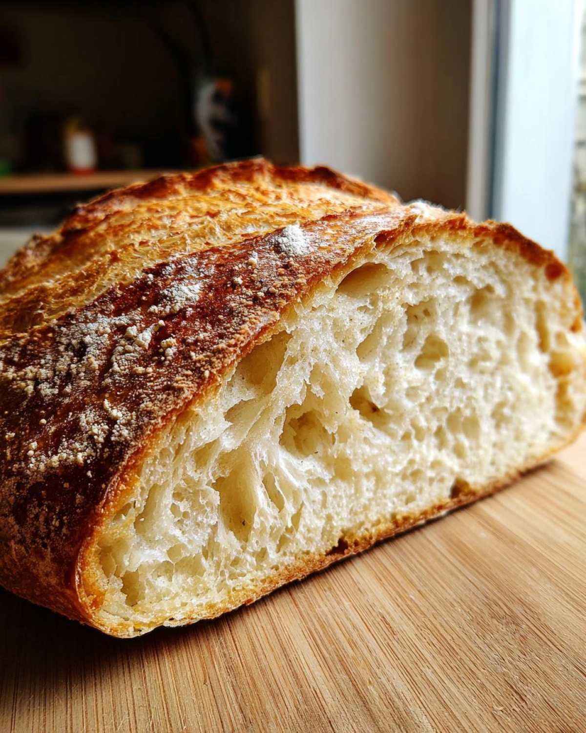 Close-up of the interior (crumb) of homemade french bread showing an open, airy structure and a golden, flour-dusted crust.