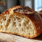 Close-up of the open, airy crumb structure inside a freshly baked french bread loaf.
