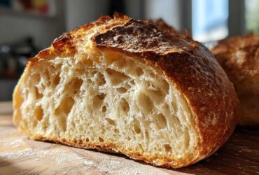 Close-up of the open, airy crumb structure inside a freshly baked french bread loaf.