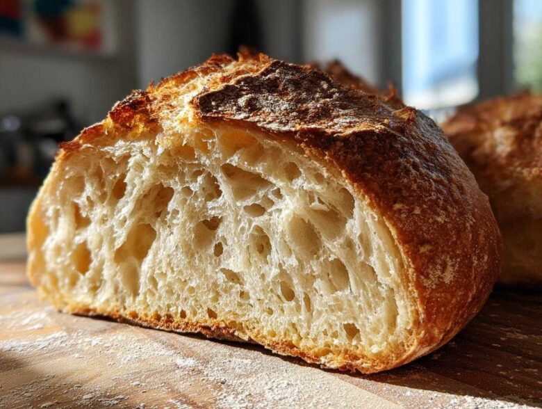 Close-up of the open, airy crumb structure inside a freshly baked french bread loaf.