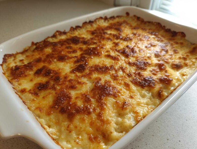 A white baking dish filled with golden brown, bubbly french onion butter rice casserole.