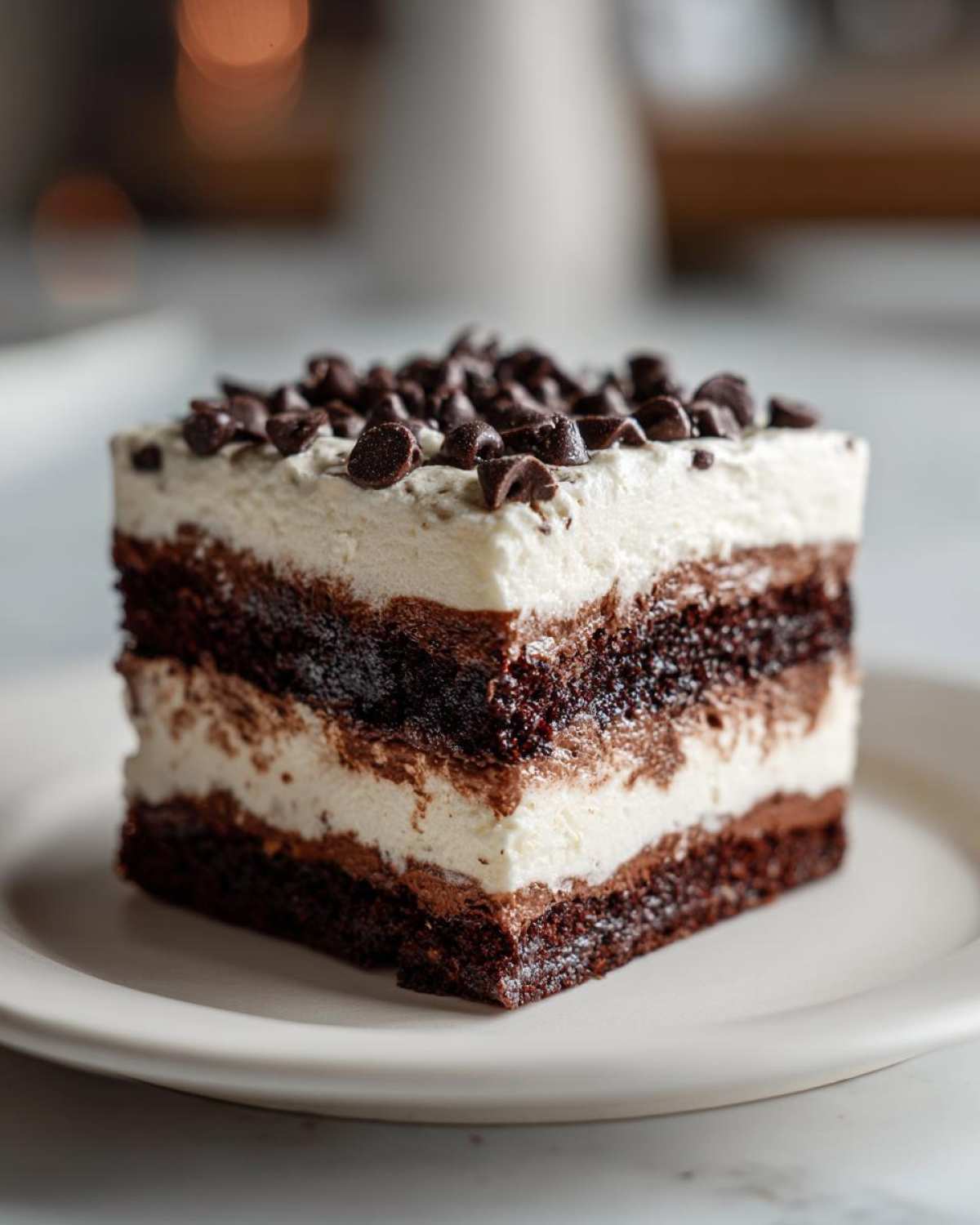 A perfect square slice of brownie refrigerator cake with layers of dark chocolate cake and white cream, topped with chocolate chips.