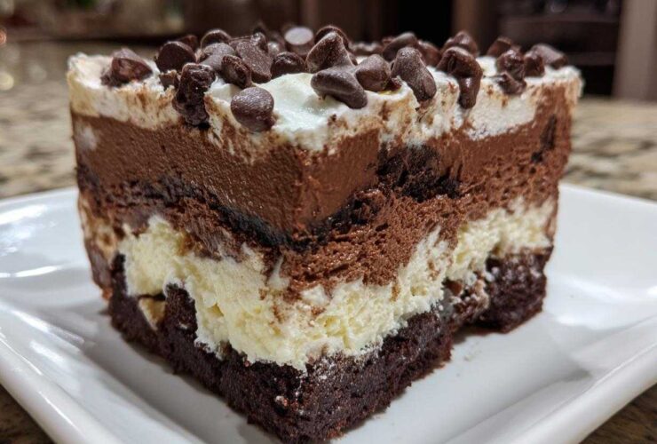 Close-up of a rich slice of brownie refrigerator cake showing layers of brownie, cream, and chocolate mousse topped with chips.