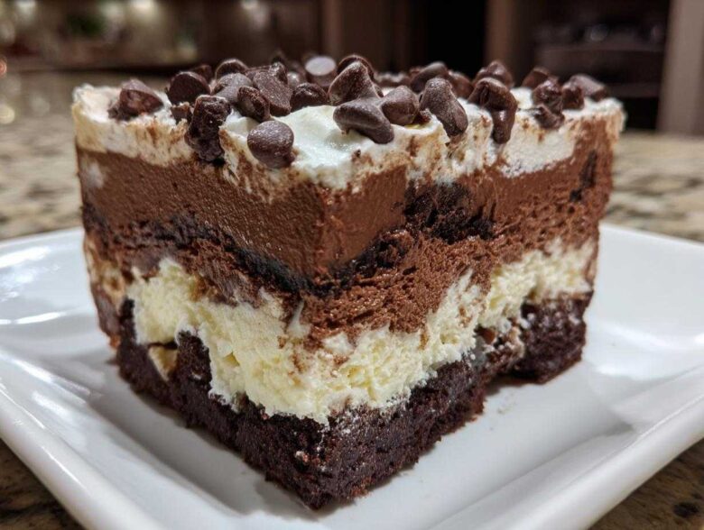 Close-up of a rich slice of brownie refrigerator cake showing layers of brownie, cream, and chocolate mousse topped with chips.