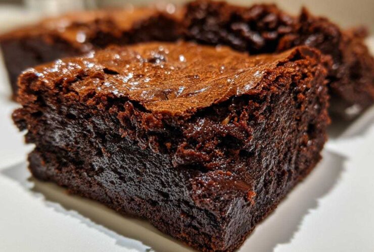 Extreme close-up of a thick, fudgy brownies square showing its dense texture and shiny, crackled top.