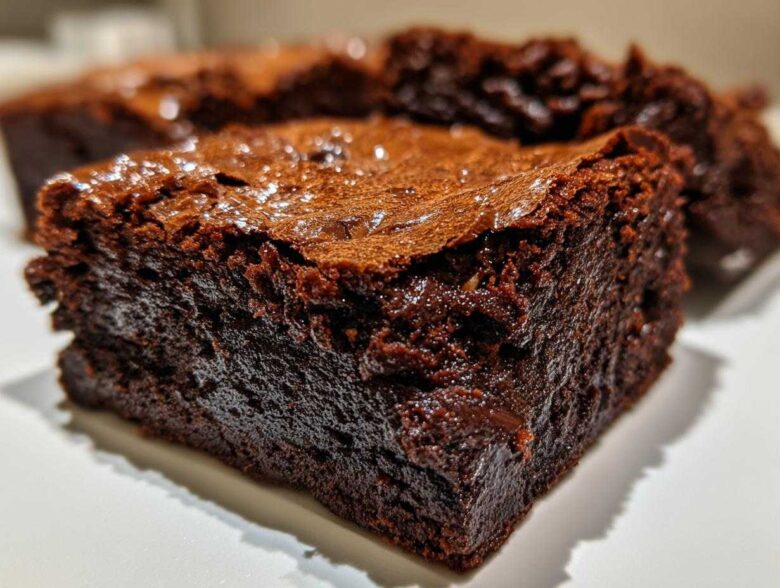 Extreme close-up of a thick, fudgy brownies square showing its dense texture and shiny, crackled top.