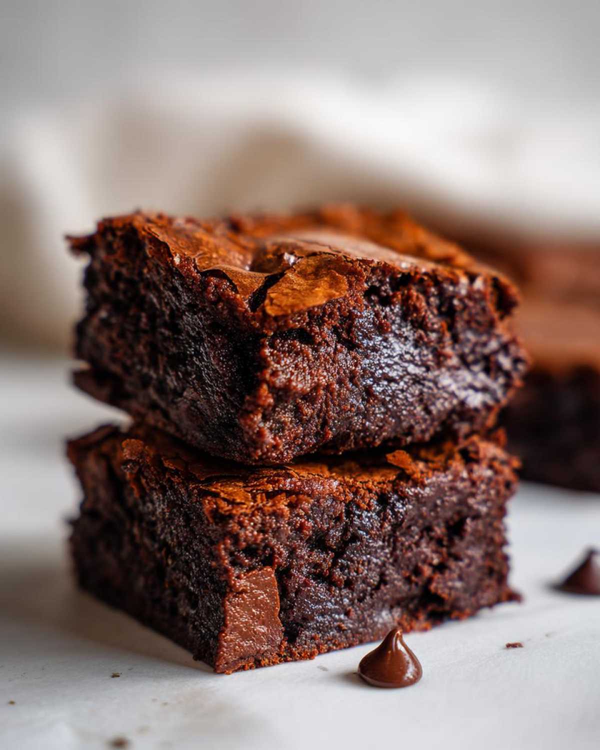 Two stacked, incredibly fudgy brownies with shiny, crackly tops, garnished with chocolate chips.
