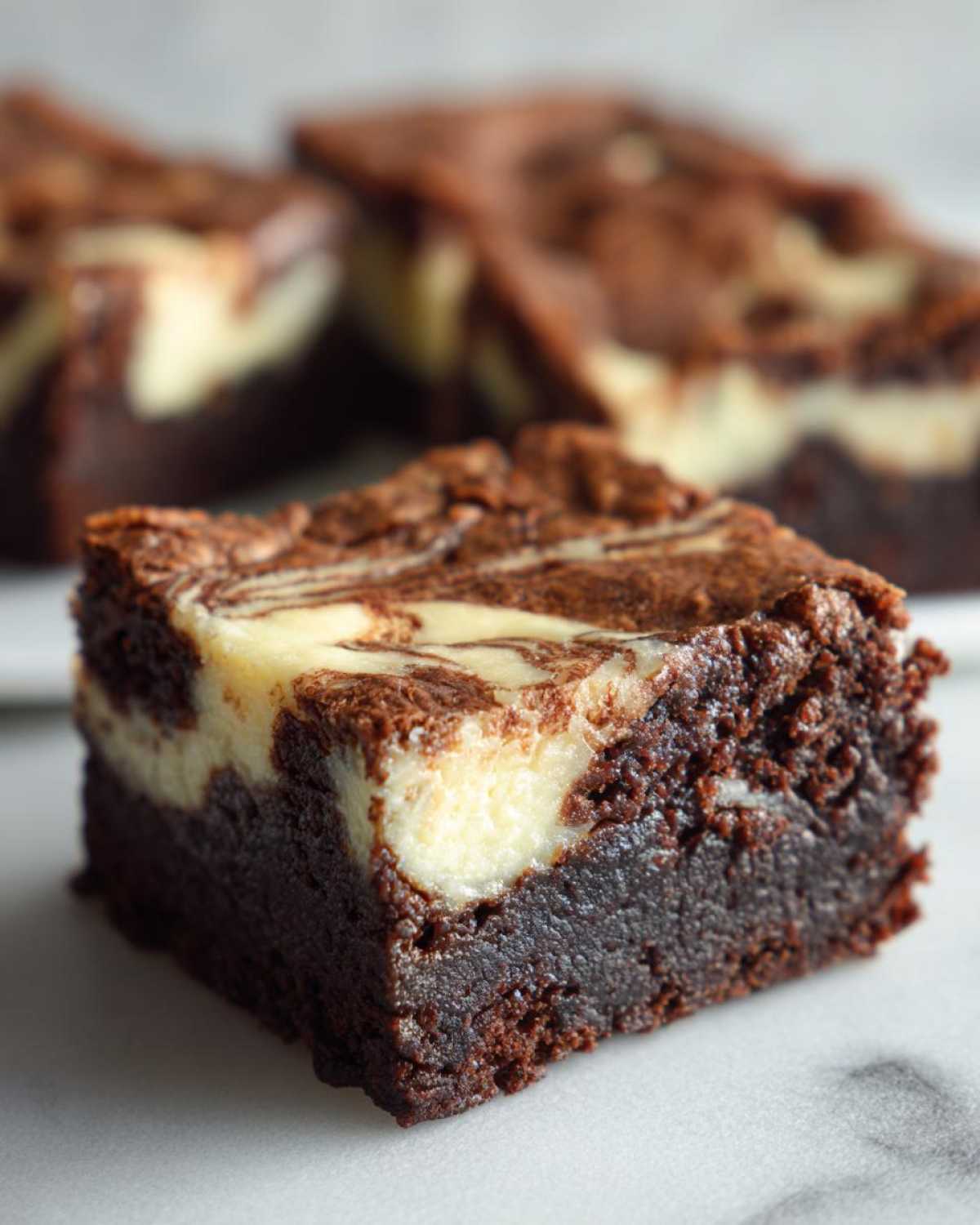 A close-up of a rich, fudgy square of cream cheese brownies showing the dark chocolate base and marbled cream cheese swirl.