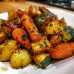 A close-up, appetizing shot of golden brown Garlic Herb Roasted Veggies including carrots, potatoes, and zucchini.