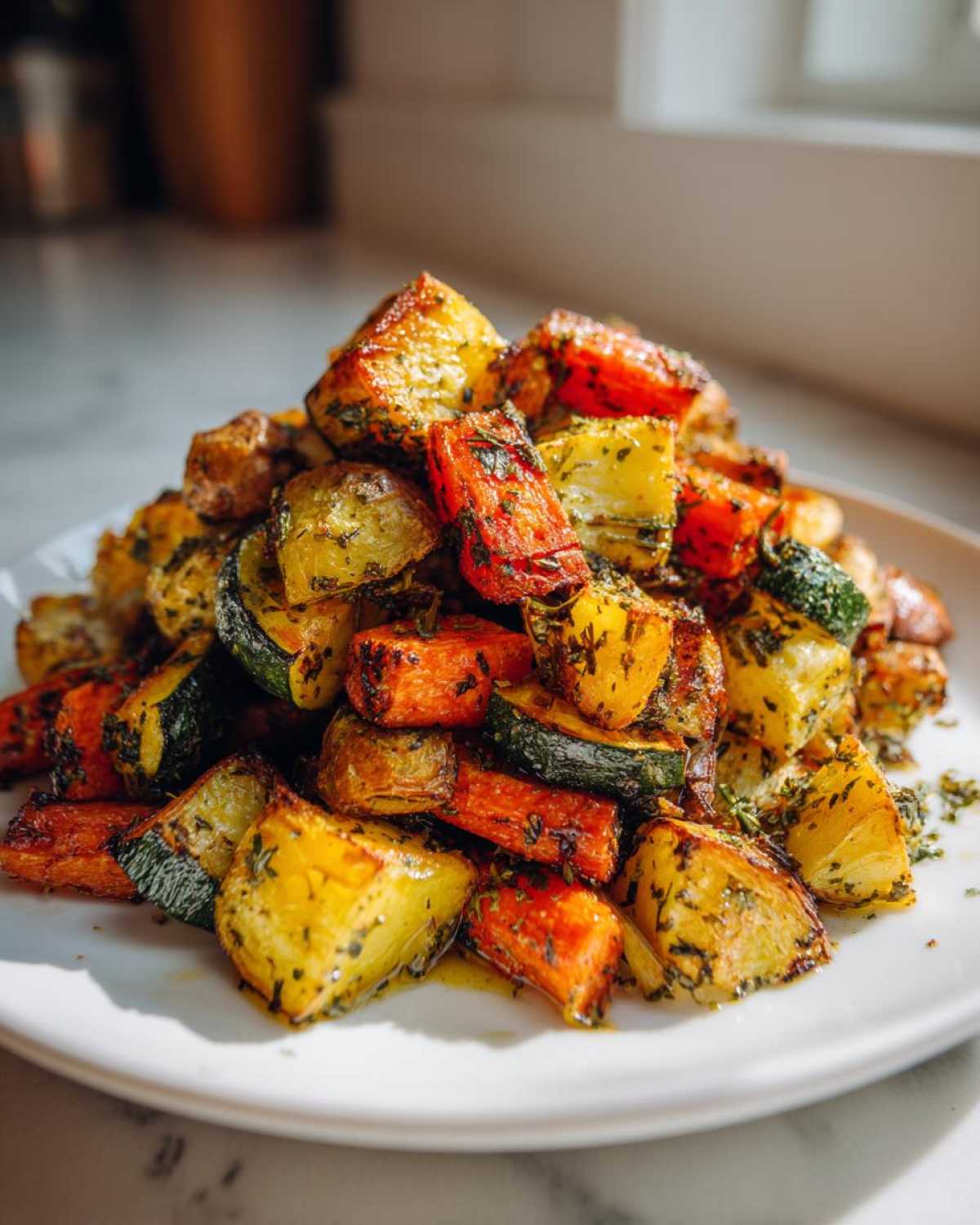 A mound of perfectly cooked Garlic Herb Roasted Veggies, including carrots and zucchini, glistening on a white plate.