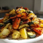 A mound of golden brown Garlic Herb Roasted Veggies including potatoes, carrots, and zucchini on a white plate.
