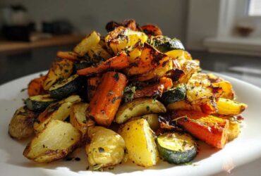 A mound of golden brown Garlic Herb Roasted Veggies including potatoes, carrots, and zucchini on a white plate.