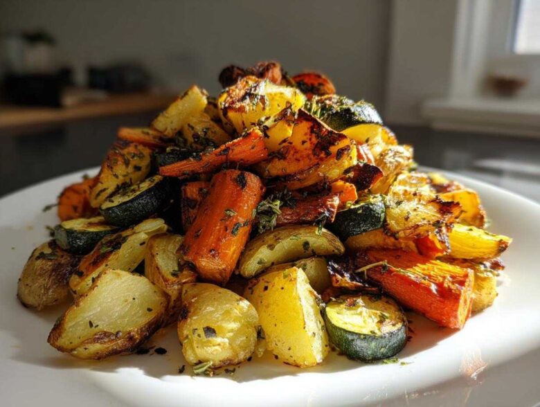 A mound of golden brown Garlic Herb Roasted Veggies including potatoes, carrots, and zucchini on a white plate.