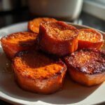 Close-up of several thick, glossy, caramelized slices of candied yams served on a white plate.