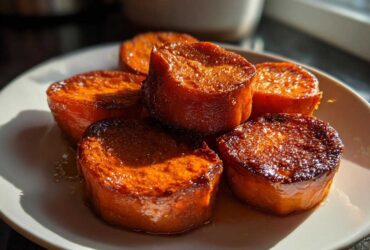 Close-up of several thick, glossy, caramelized slices of candied yams served on a white plate.