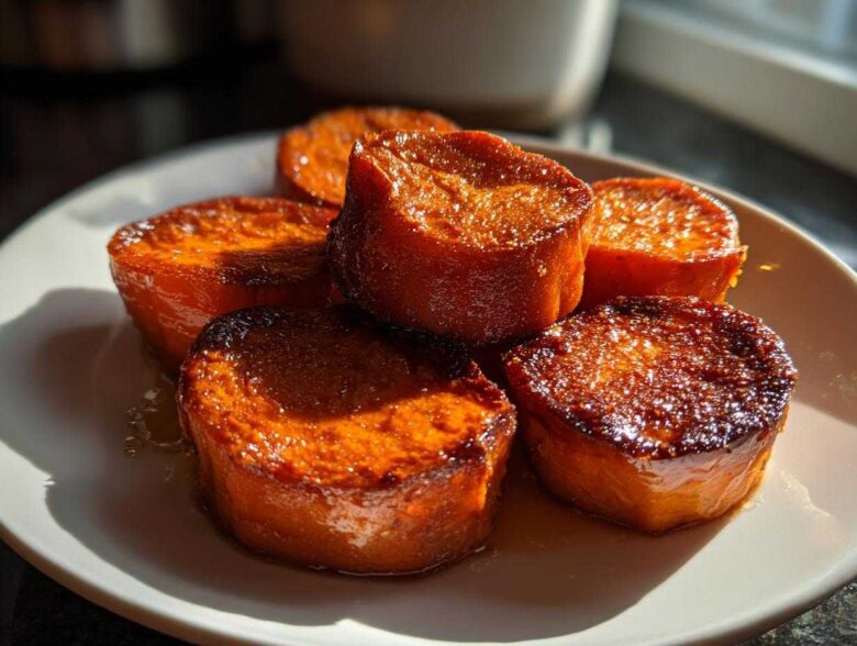 Close-up of several thick, glossy, caramelized slices of candied yams served on a white plate.