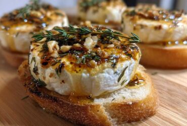 A close-up of one of the amazing goat cheese and honey bites served warm on toasted baguette slices.