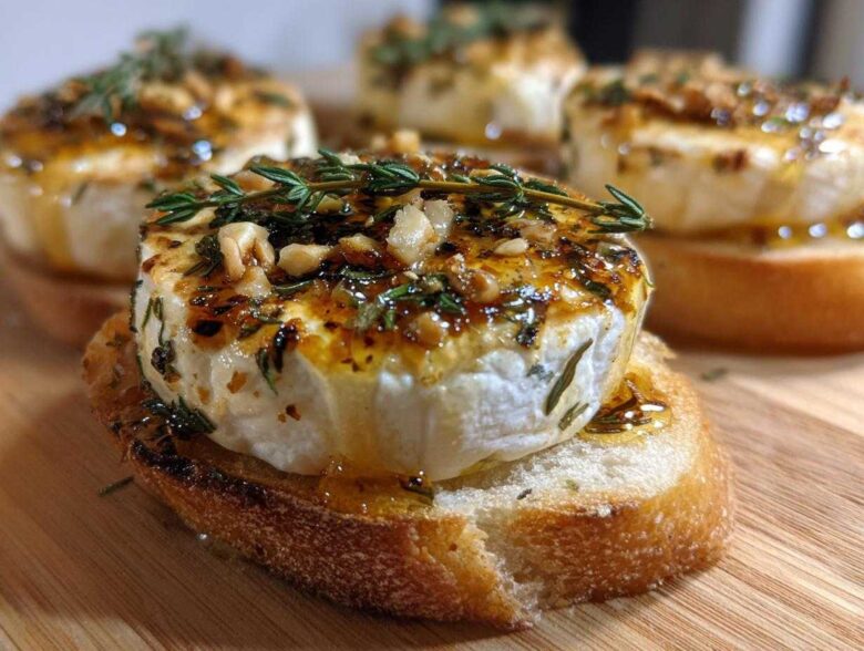 A close-up of one of the amazing goat cheese and honey bites served warm on toasted baguette slices.