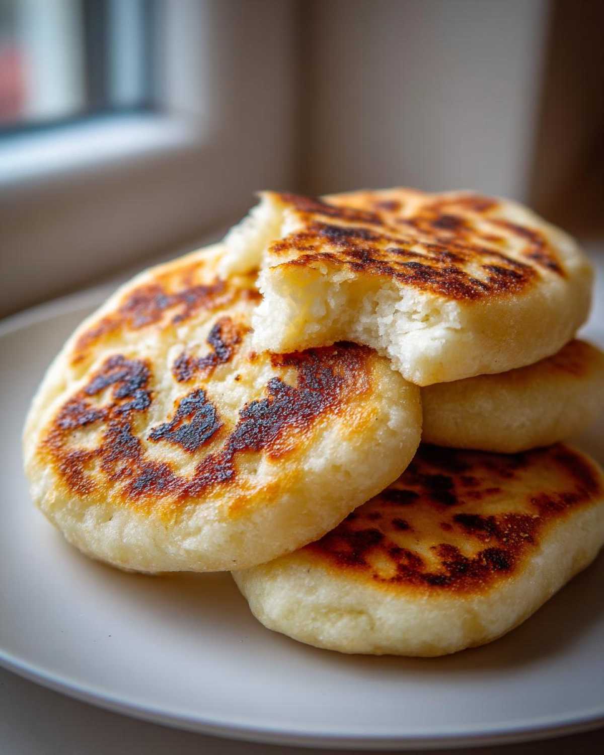 A stack of freshly cooked, golden brown irish potato farls on a white plate, with one piece having a bite taken out.