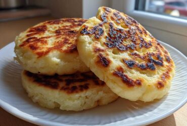 Three golden-brown, griddle-cooked irish potato farls stacked on a white plate near a sunny window.