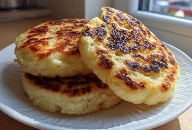 Three golden-brown, griddle-cooked irish potato farls stacked on a white plate near a sunny window.