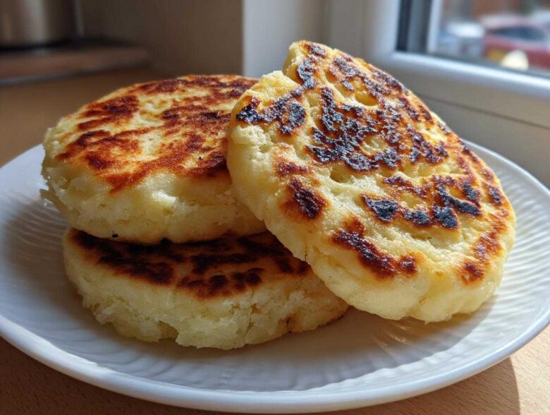 Three golden-brown, griddle-cooked irish potato farls stacked on a white plate near a sunny window.