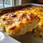 A close-up of a thick, cheesy slice being lifted from a baking dish of golden brown scalloped potatoes recipe.