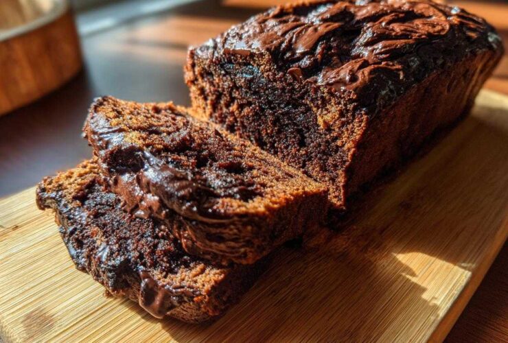 A dark, rich loaf of hot fudge brownie bread with two slices cut, sitting on a wooden cutting board.